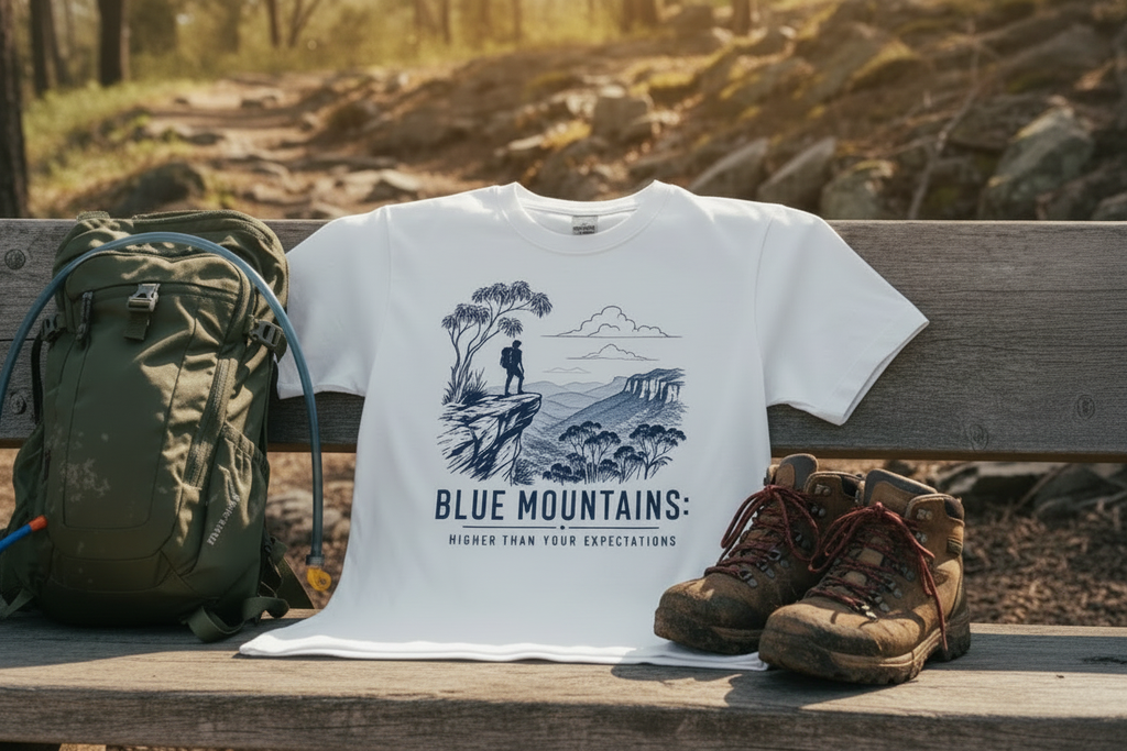 Blue Mountains Tee - Golden Hour with Hiking Shoes