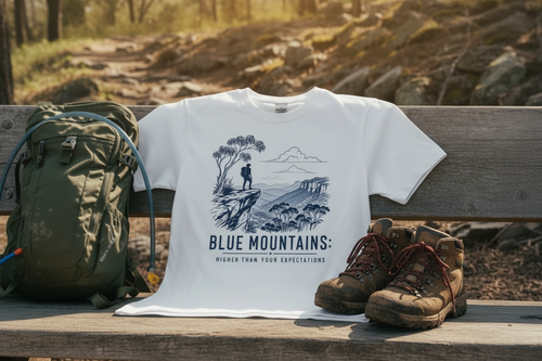 Blue Mountains Tee - Golden Hour with Hiking Shoes
